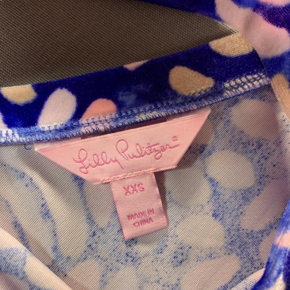 Lilly Pulitzer Velour Shift Dress Womens XXS Blue Geometric V-Neck Long Sleeve - Picture 3 of 14